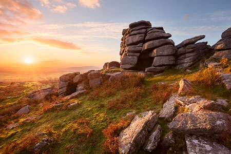 Stunning golden sunset over Pew Tor, Dartmoor